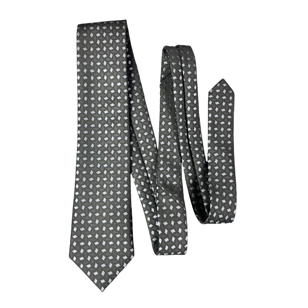 Geoffrey Beene Mens Black Grey Geometric Diamond Pattern Necktie 58in Long